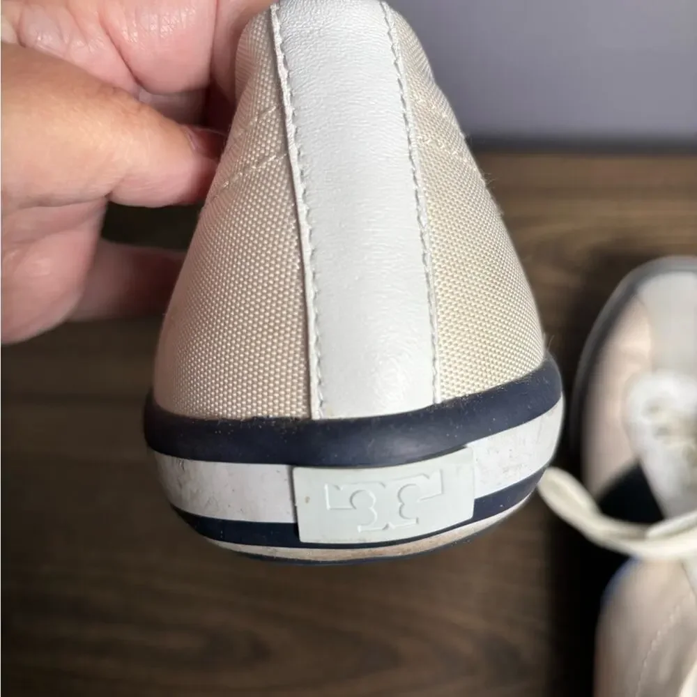 Tory Burch White Navy Stripe Lace Up Sneakers Rubber Sole 9